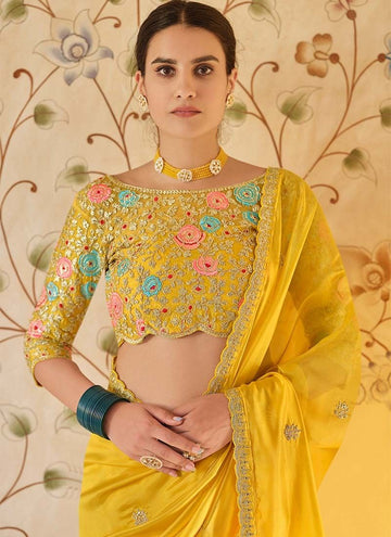 Zari Work Stylish Yellow Organza Saree For Haldi Ceremony